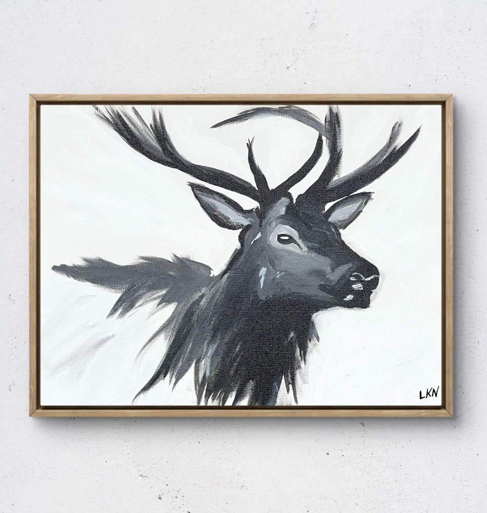 Laeknapes Monochromatic Elk Abstract Art 12X16 Canvas Expressionist Home Decor