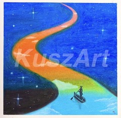 Oil Pastel Drawing of a Boat on a River in the Sky Glass Frame 12×12 Inches New