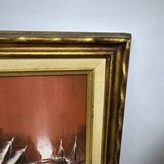 C.K Fang Acrylic Painting Vintage Gold Frame 13″ x 11″ Red Sky Boat Scene Set 2