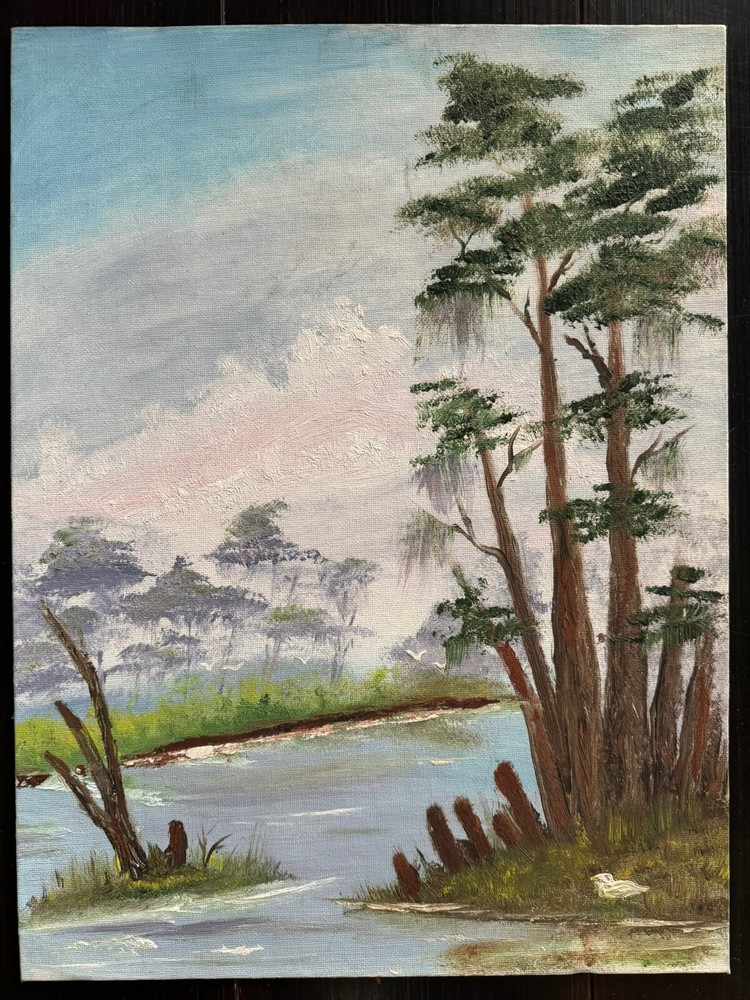 Signed R Wilds CYPRESS SWAMP with birds Oil Painting Landscape 12×16 inch