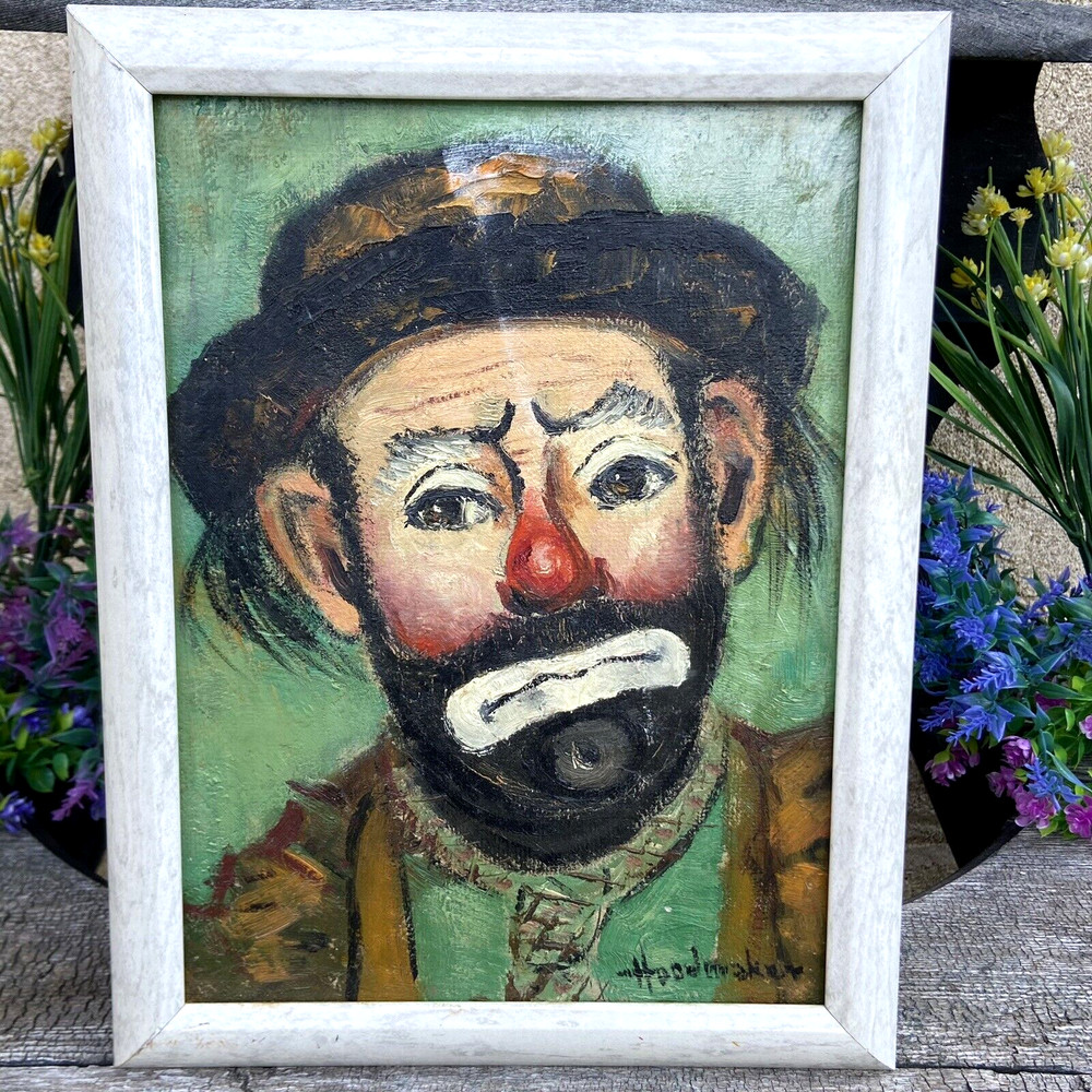 Vtg Helen Hoodmaker EMMETT KELLY Clown Mid Century Modern Oil Painting RARE