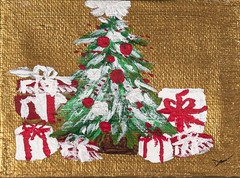 „Red & White Holidays I“ Original Table Art Painting w/Easel by Dawn M. Wayand
