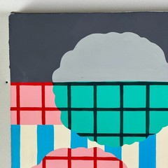 Vintage Modern Acrylic on Linen Abstract Painting With Bright Blues & Pinks