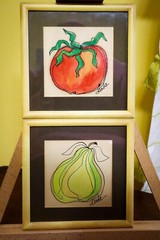 2 Original Framed Watercolor Still Life Paintings Fruit Pear Tomato Whimsical