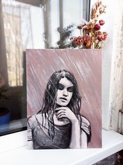 Warm Tones Portrait Original Painting Young Woman Closed Eyes Raining, 16×12