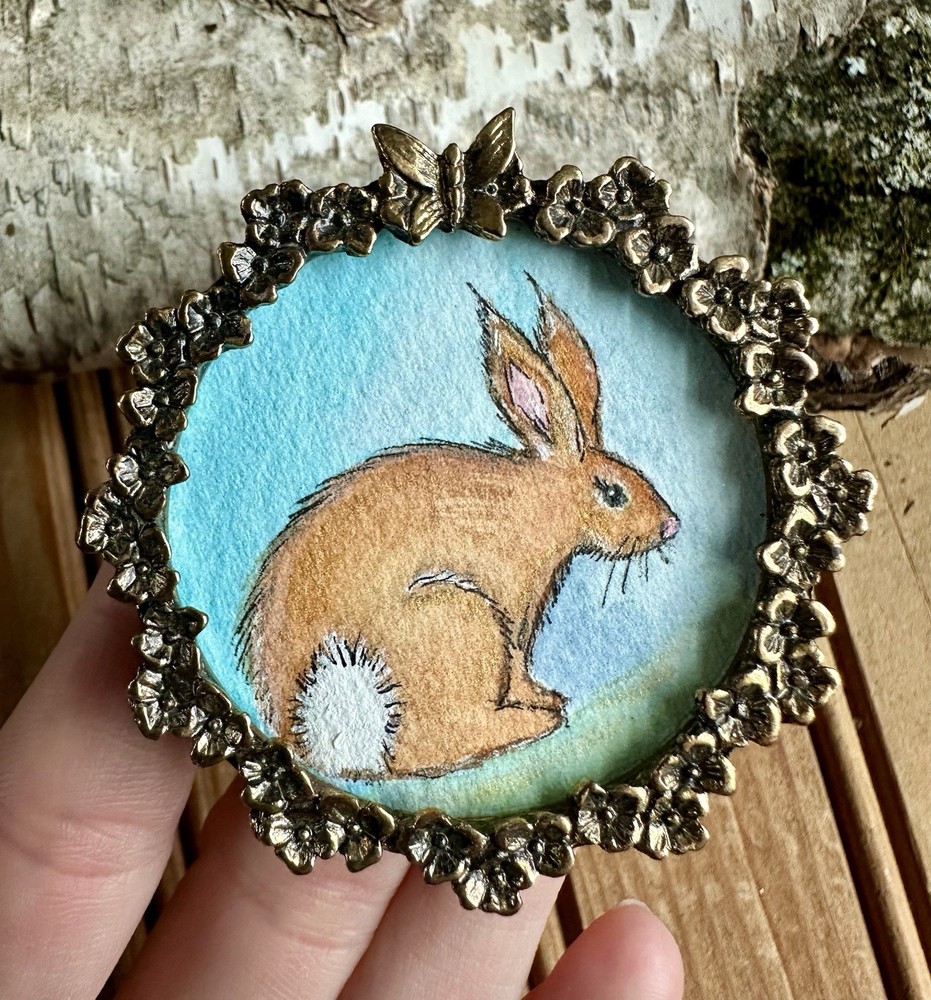 Original Art Watercolor Painting Small Pewter Frame Bunny Rabbit Illustration