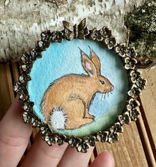 Original Art Watercolor Painting Small Pewter Frame Bunny Rabbit Illustration