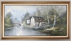 Large VTG Landscape Oil Painting Mill Bridge River Signed H Wilson 53×29