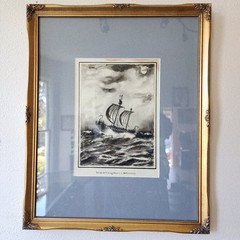 1933 Andoll Anderson Swedish Viking Ship Gouache Framed Painting