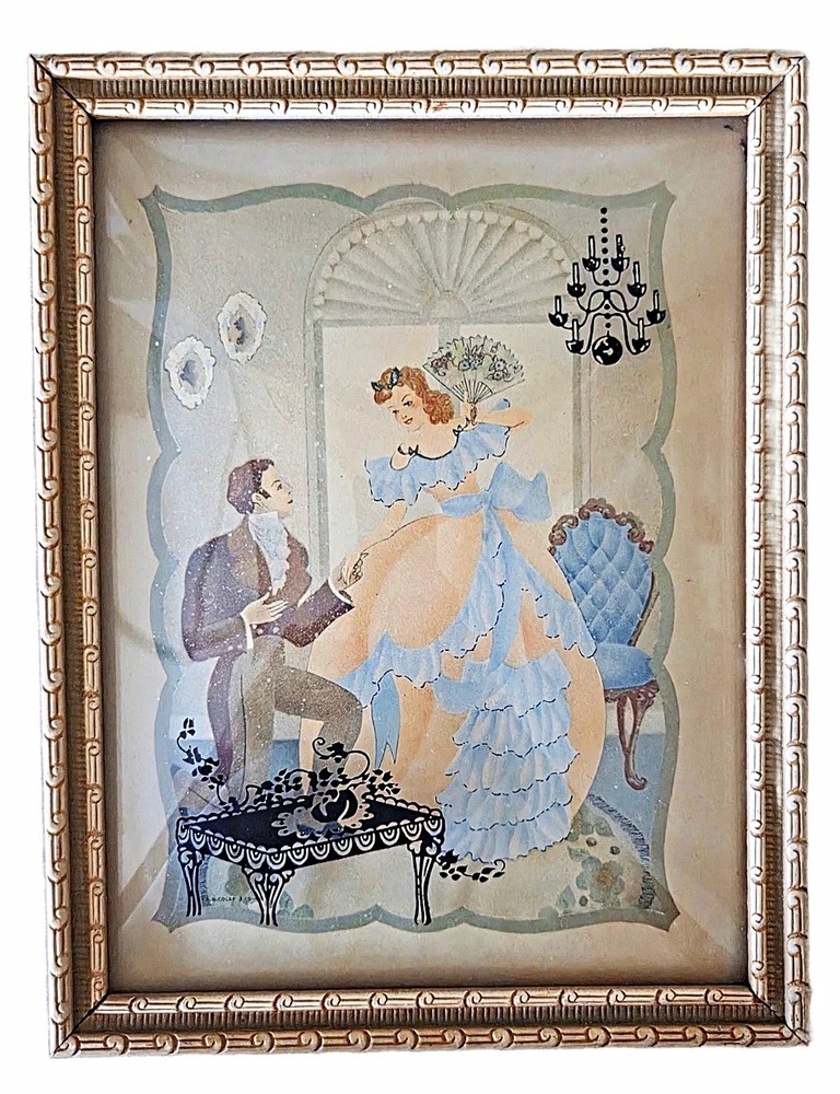 Vintage Convex Glass Reverse Painted Man and Woman Courting Picture 9″ x 7″
