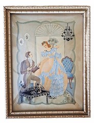 Vintage Convex Glass Reverse Painted Man and Woman Courting Picture 9″x 7″