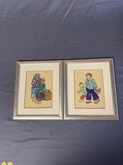 Pair Vietnamese Village Life Watercolor Paintings Framed Signed