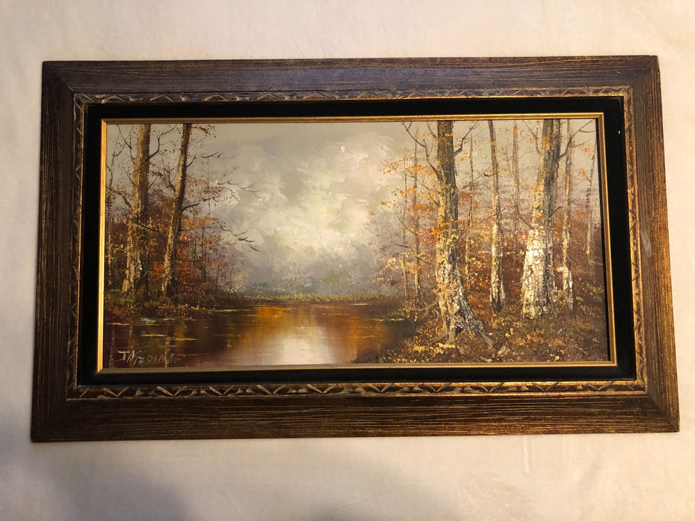 Vintage oil on canvas serene autumn forest scene mountains pond signed J Medina