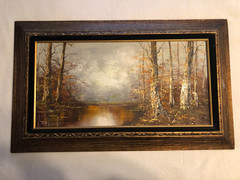 Vintage oil on canvas serene autumn forest scene mountains pond signed J Medina