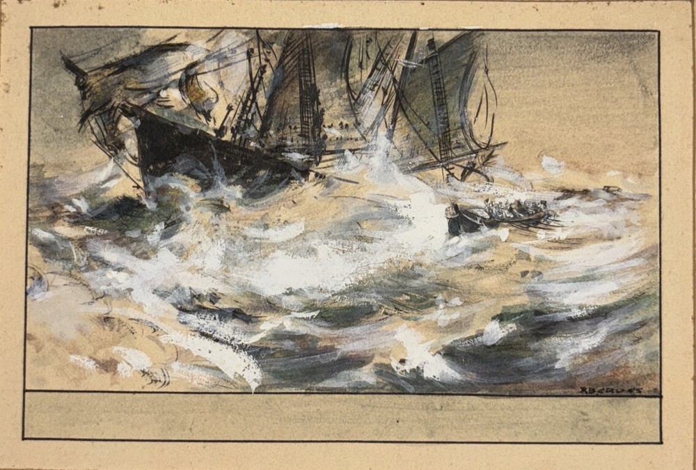 Vintage Ship In Storm People On Boat Ink Gouache Watercolor Painting Roy Cross ?