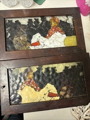Pair Vintage Reverse Painted Glass Panels Matching MidCentury German Art Style