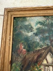 Framed Impressionist Cottage Garden Landscape Painting, Favor Ruhl & Co. Backing