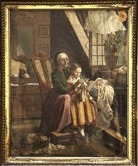 ANTQ Early 19th C German Munich School Interior Genre O/C „The Knitting Lesson“!
