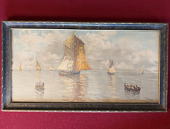 Fausto Giusto Original Oil Painting Harbor Seascape Signed Antique Italian