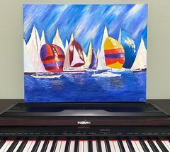 Sailboat Oil Painting Original Impasto Nautical Regatta Harbor Wall Art
