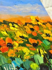 Sunflowers Field Original Oil Painting Landscape Flowers Impasto 8×5.5 in