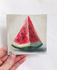 Watermelon ORIGINAL Oil Painting Still Life Fruit Small Art 4″x4″