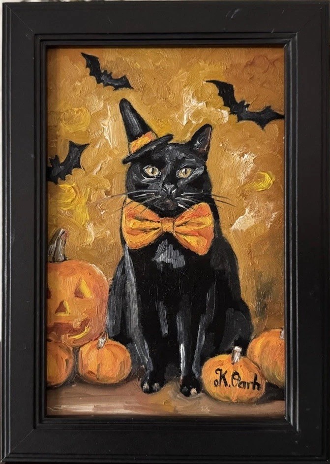ORIGINAL OIL PAINTING BLACK CAT PUMPKIN AUTUMN HALLOWEEN SIGNED FRAMED 4×6