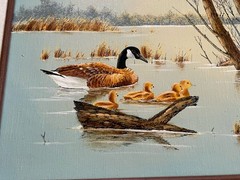 Vintage Geese W Chicks In Marsh Oil Painting By R SMITH, Wooden Framed, 18×22”