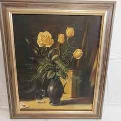 Yellow Roses Oil Painting mid-century still life 24X20 Framed