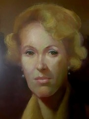Vintage Portrait Painting Blonde Woman Hollywood MCM Retro Blue Eyeshadow Signed