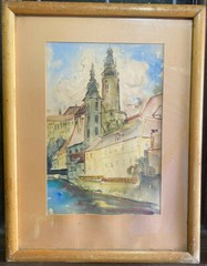 ::AQUARELL ANSICHT VON KRUMAU IN BÖHMEN 1939 TSCHECHIEN ANTIK SIGNIERT SELTEN