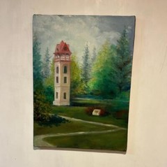 Vintage Oil Painting – Tower in a Scenic Park Landscape – 18×24 – Unframed