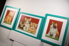 Vintage Paint by Number „Kitten Kapers“ Framed 1970s Set of 3 Cats Craft Master