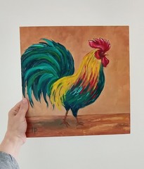 Rooster Painting Original Oil Artwork 100% Handmade Bird Art by Irene Pandin
