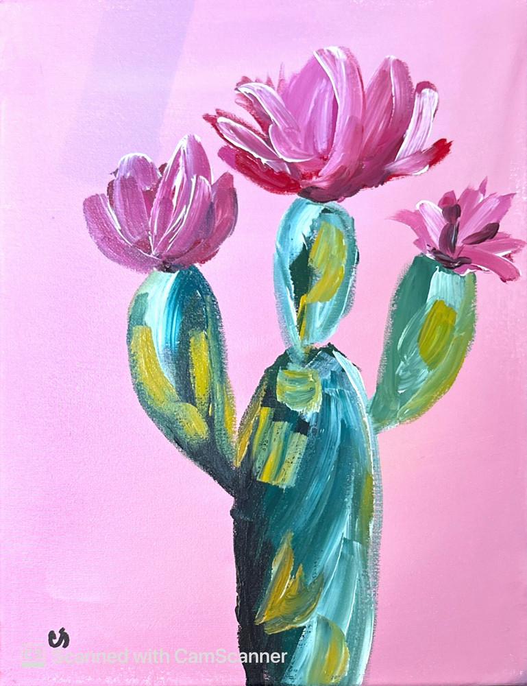 Pink Flowering Desert Cactus Original Acrylic Painting 11×14 Signed Canvas Art