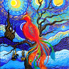 Phoenix Bird Starry Night UV Radiant & Acrylic Painting 8.5×11 Canvas Art NEW
