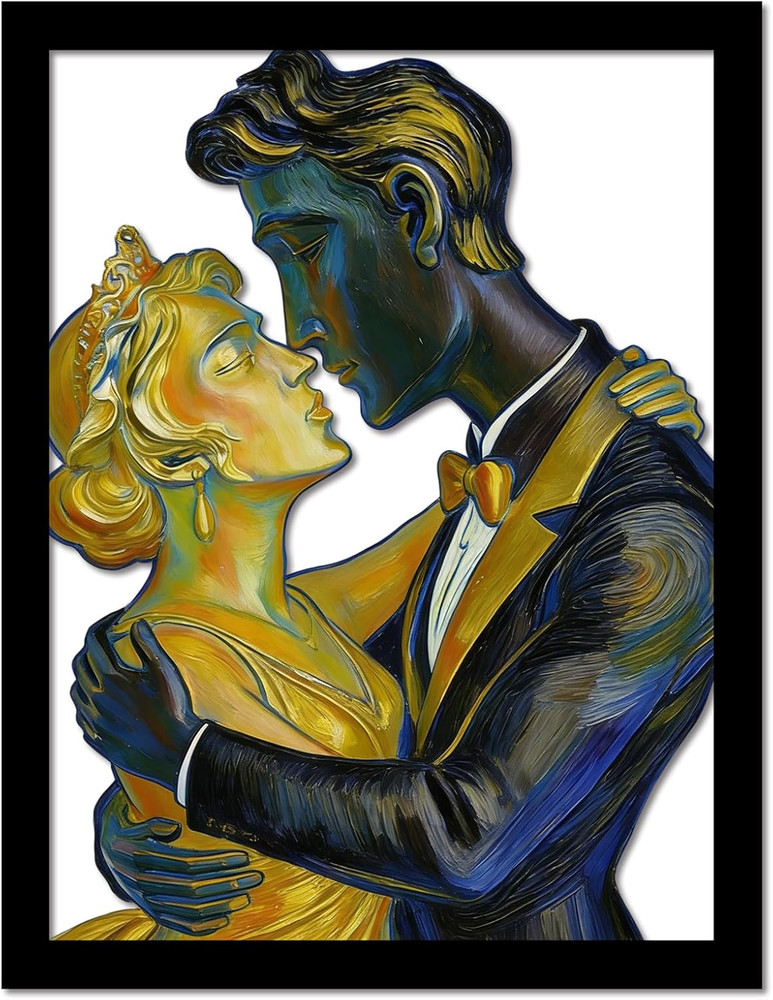 Wooden Romantic Dancing Couple Kissing Wall Art Decor, Vintage Oil Painting Styl