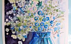 Floral Still Life Watercolor Painting Blue Forget-Me-Nots in Glass Vase Art A4