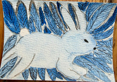 ACEO Original Fantasy Rabbit Watercolor Painting Blue Leaves Folk Art