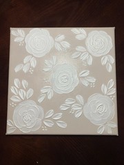 Textured Floral Painting Featuring A Three Dimensional White Rose Beige Canvas