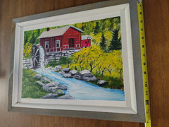 Vintage American Rural Landscape Grist Mill House Painting Rustic Framed