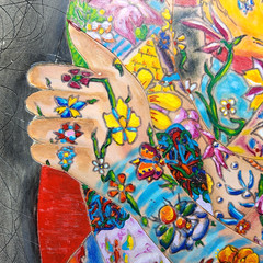 Tattooed nude bald woman chair painting human figure etched art colorful gallery