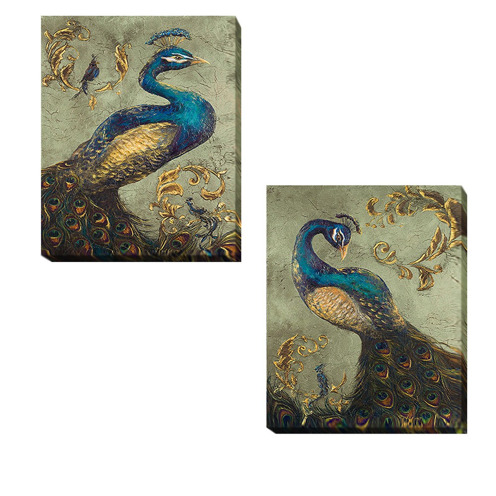 Peacock on Sage I & II by Hakimpour 2-pc Gallery-Wrapped Canvas Giclee Art Set