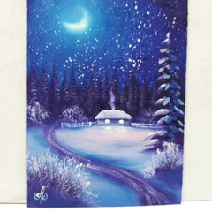 Winter Moonlight Cabin Oil Painting Original Snowy Night Landscape Art 4×6