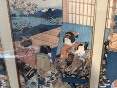 1830’s Kunisada Antique Japanese Woodblock Print Ukiyo-e Kimono Triptych 38”x22”
