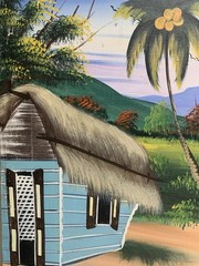 Folk Art Haitian Village Palm Scene Oil Painting on Canvas Signed Jean Wilbert