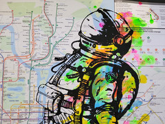 Handpainted Astronaut Spaceman Acrylic Graffiti Art artwork on a NYC Subway Map