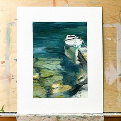 8×10 Original Oil Painting Nautical Harbor Rowboat Clear Water Rocks Art Signed