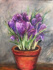 Crocus Flowers in Clay Pot, Purple Flowers,Still Life, ORGINAL, Oil Painting