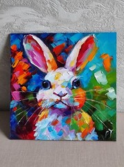 original oil painting Rabbit Bunny Pet artwork Colorful animals wall art 8*8 in
